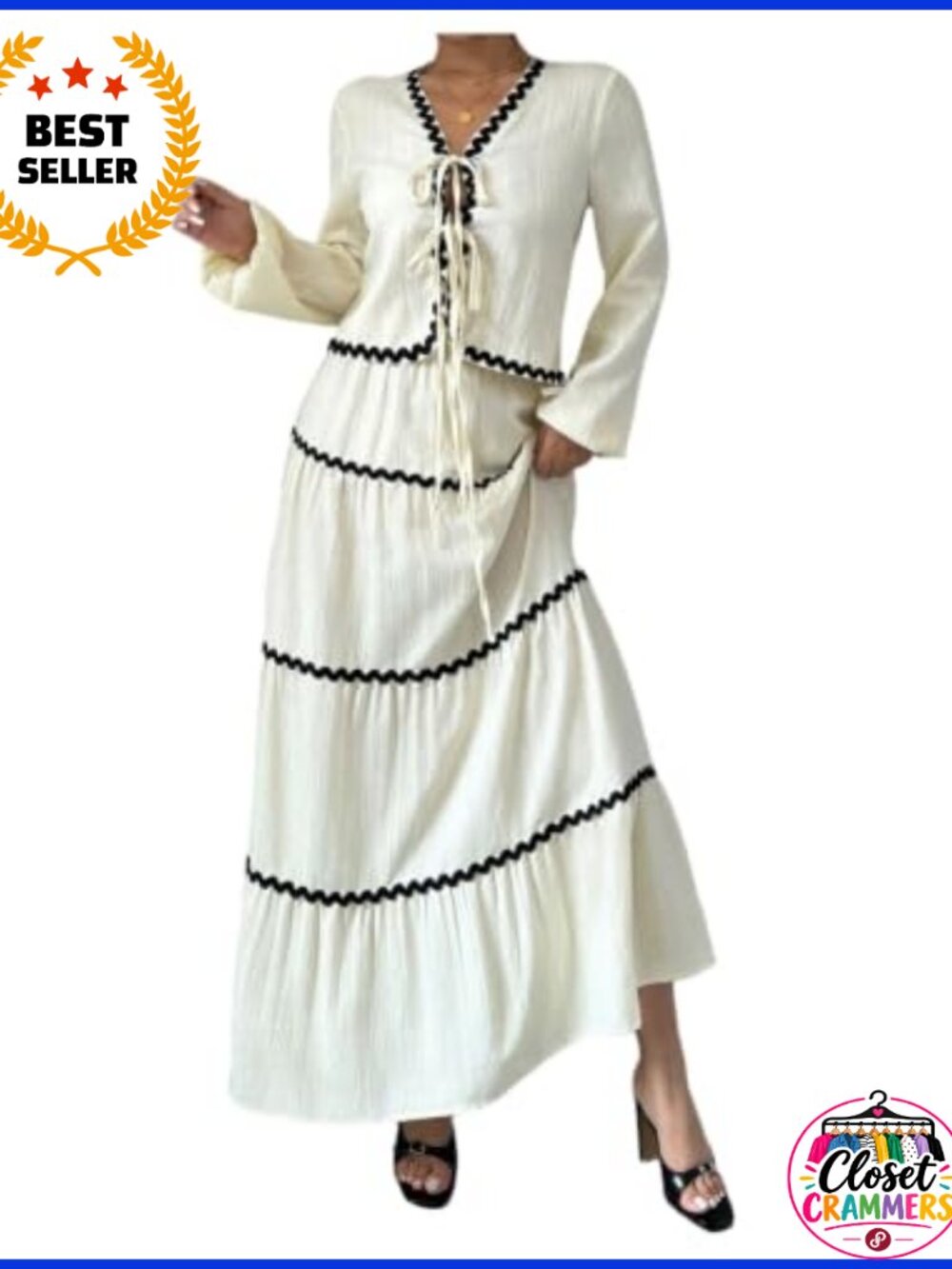 Two Piece Skirt Set Tie Front Crop Top Tiered A Line Maxi Skirt